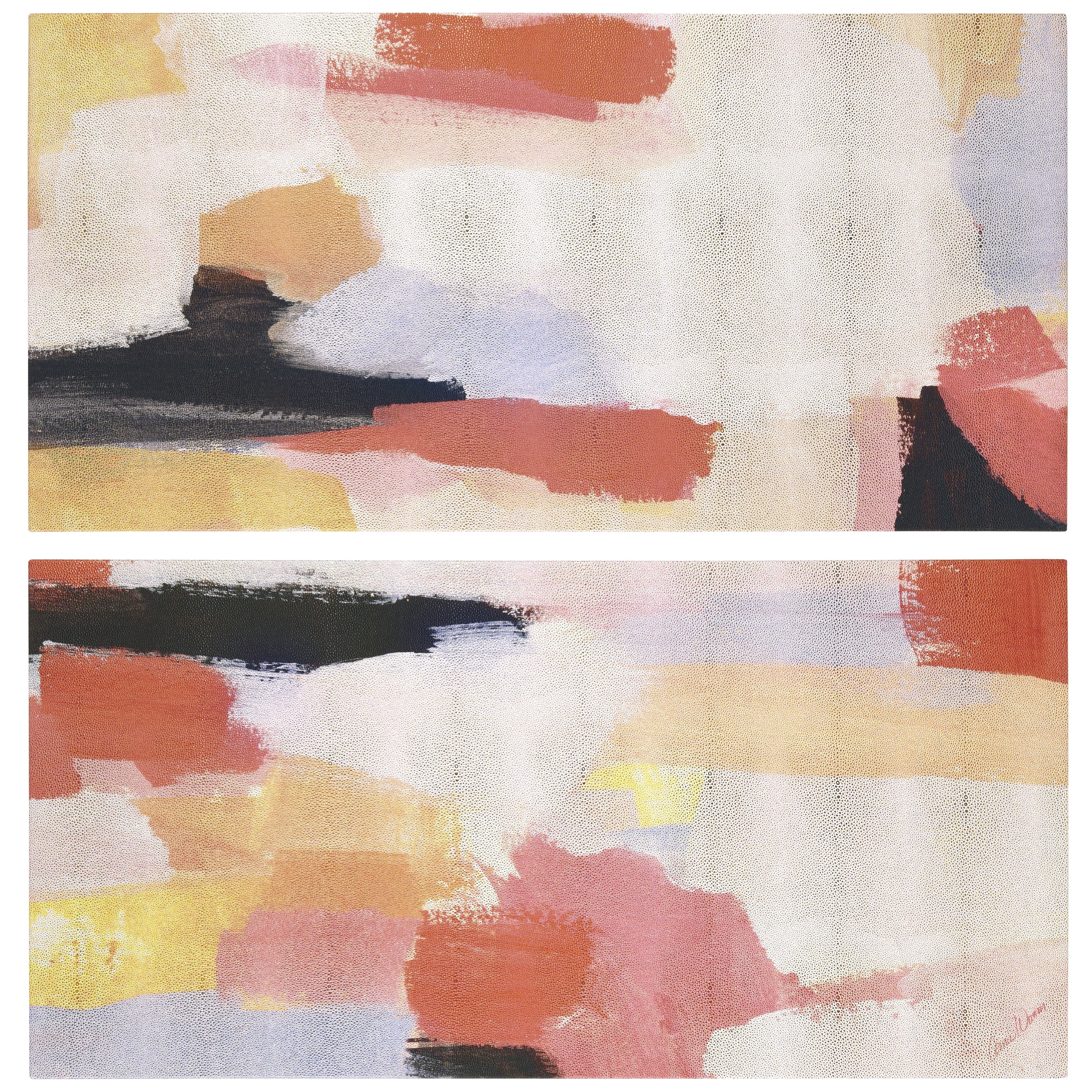"Vibrant Harmony I & II" Lively Abstract Rendered on Gold Metallic Shagreen Wrapped Canvas Wall Art Set, sized 48"x24"