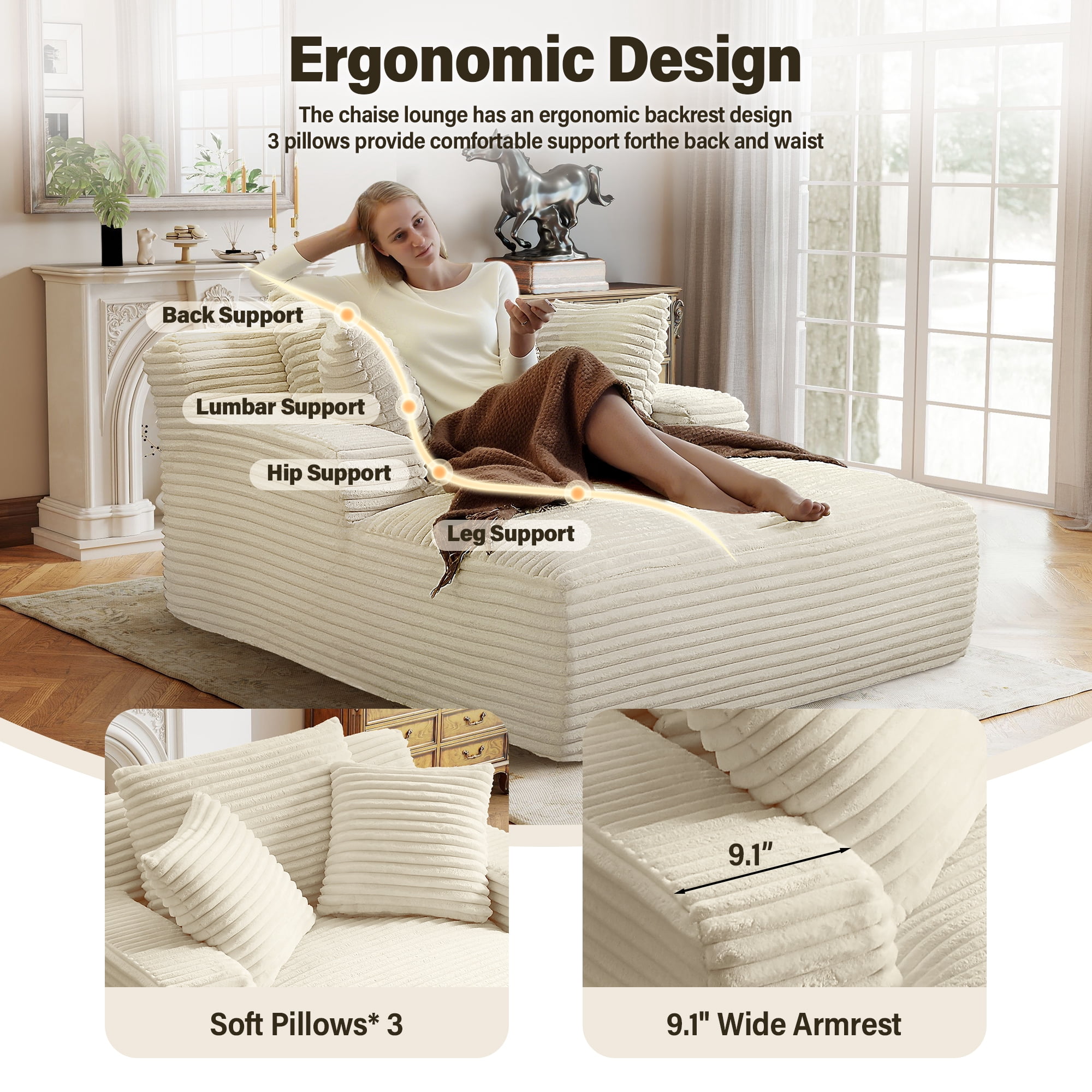 Aukfa Corduroy Chaise Lounge Chair, Oversized Indoor Lounger Floor Sofa Bed for Living Room, Bedroom, Small Space,White