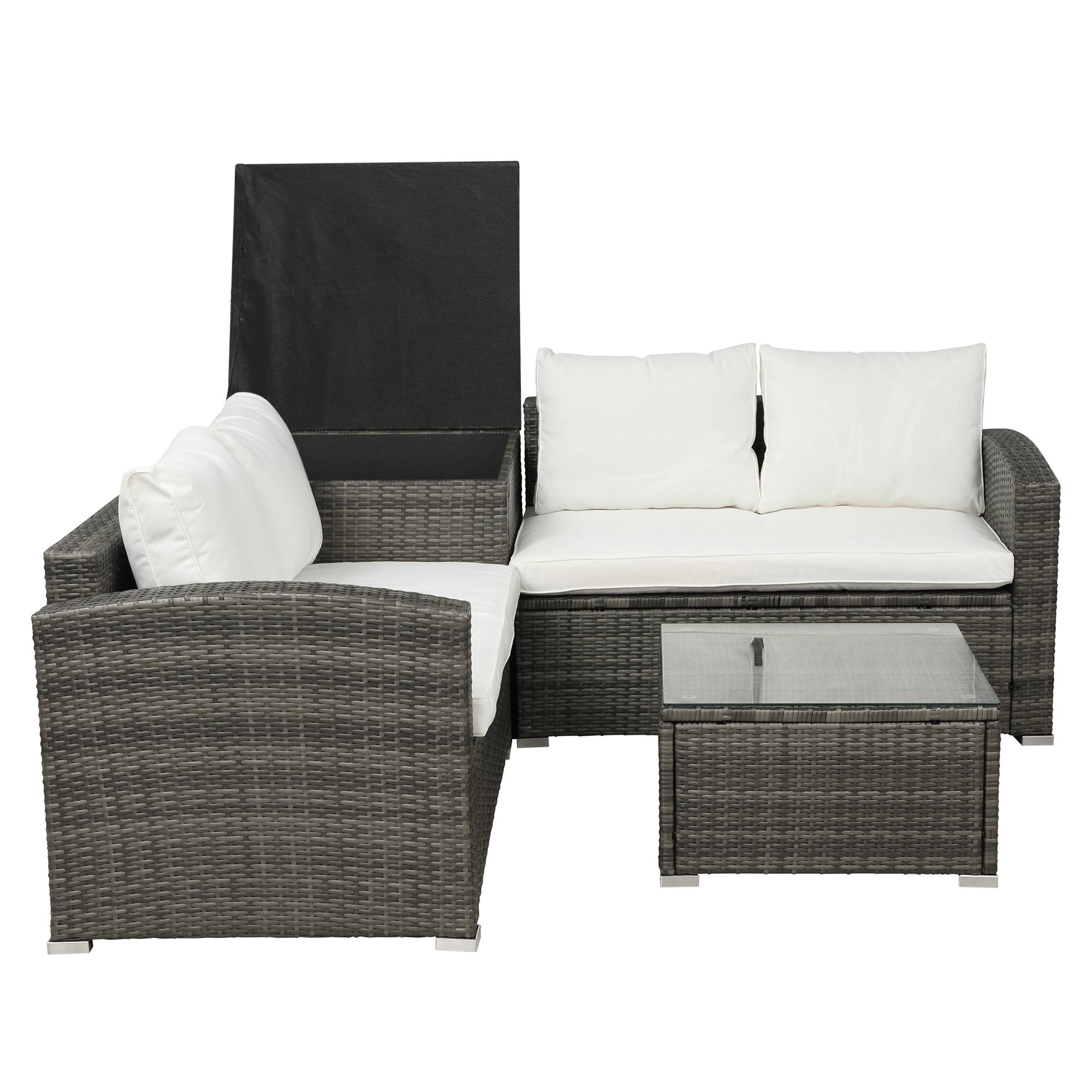 Outdoor Patio Furniture Set, 4-Piece Gray Wicker Patio Furniture Sets, Rattan Wicker Conversation Set w/L-Seats Sofa, R-Seats Sofa, Cushion box, Glass Dining Table, Padded Cushions, Beige, S13126 - image 4 of 7