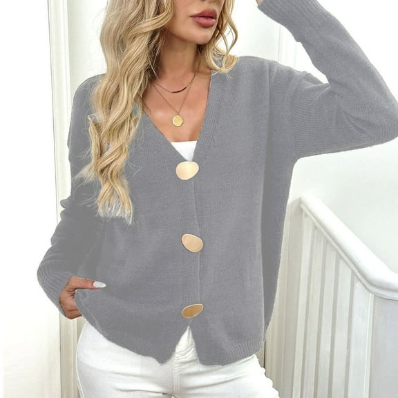 Vivianyn HD Women's V Neck Cardigan Sweater with Large Buttons, Casual Open Front Coat,Gray,Size S-XXL