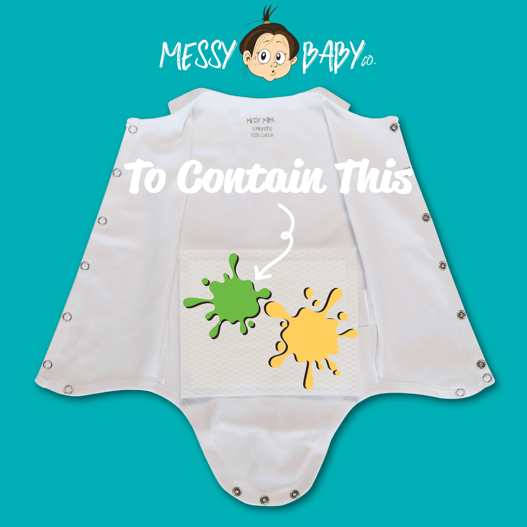 Messy Baby Co. Baby Booty Blowout Gear SIZE NEWBORN– Snap-Front Cotton Onesie + 20 Disposable Leak-Proof Pads – Stops Diaper Blowouts, Easy Outfit Changes