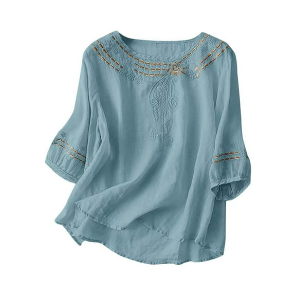 Pounoo Boho Fashion Linen 3/4 Sleeve Shirts for Women Embroidered Tops for Women Trendy Summer Blouse Dressy Casual Vacatio n Top
