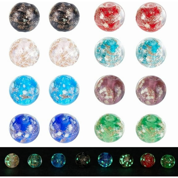 1 box 80pcs 8 colors golden Sand Lampwork Beads 8mm Luminous Glass Beads Bulk Round Spacer Handmade Glow in The Dark Bead for Jewelry Making Beads Supplies DIY Necklace Bracelets Earrings