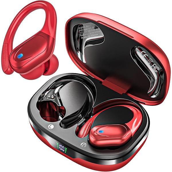 Wireless Earbuds Bluetooth Headphones 80hrs Playback Ear Buds Power Display with Noise Canceling Mic with Earhooks for Sports/Workout/Running Red