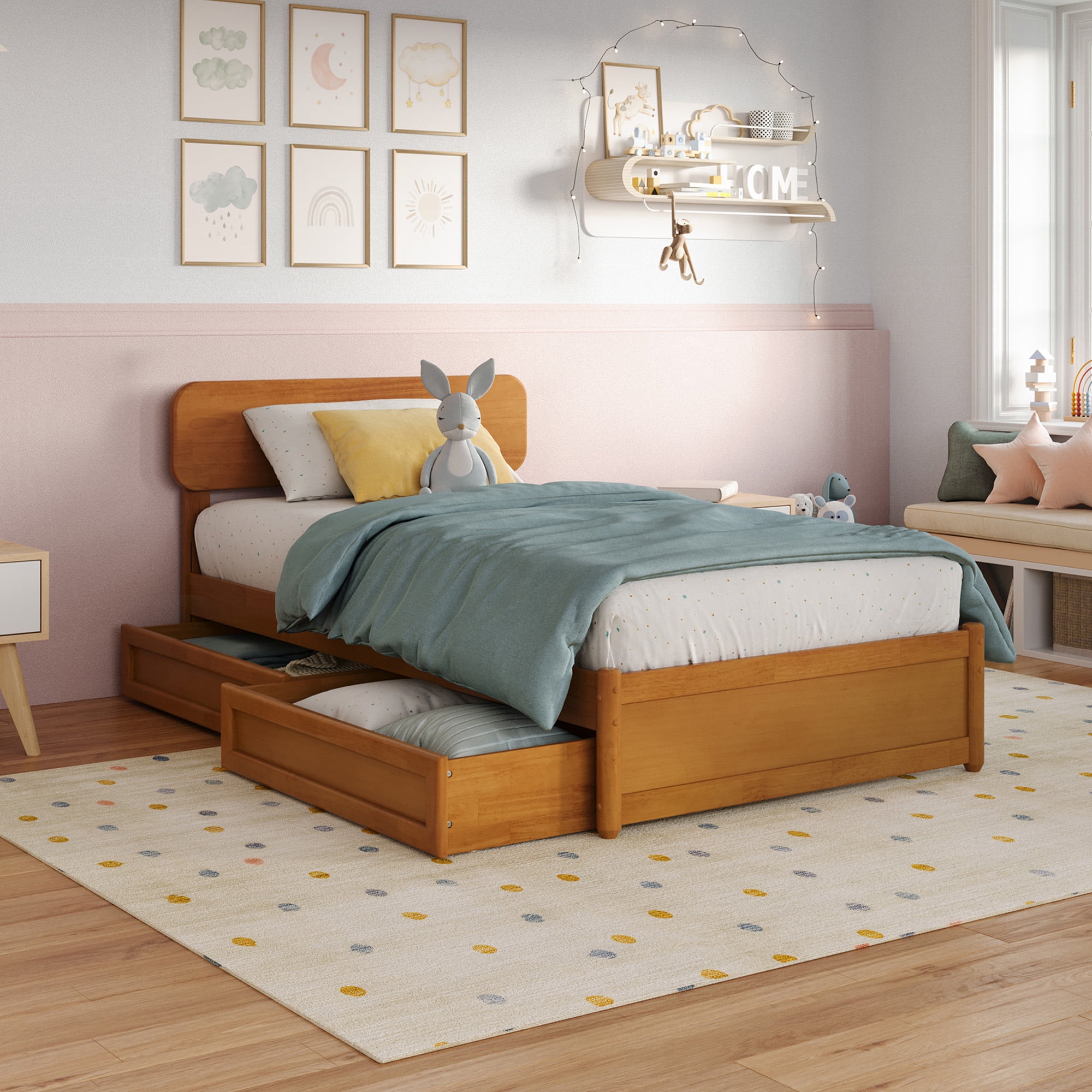 AFI Capri Twin Wood Platform Bed with Panel Footboard and Storage Drawers, Light Toffee