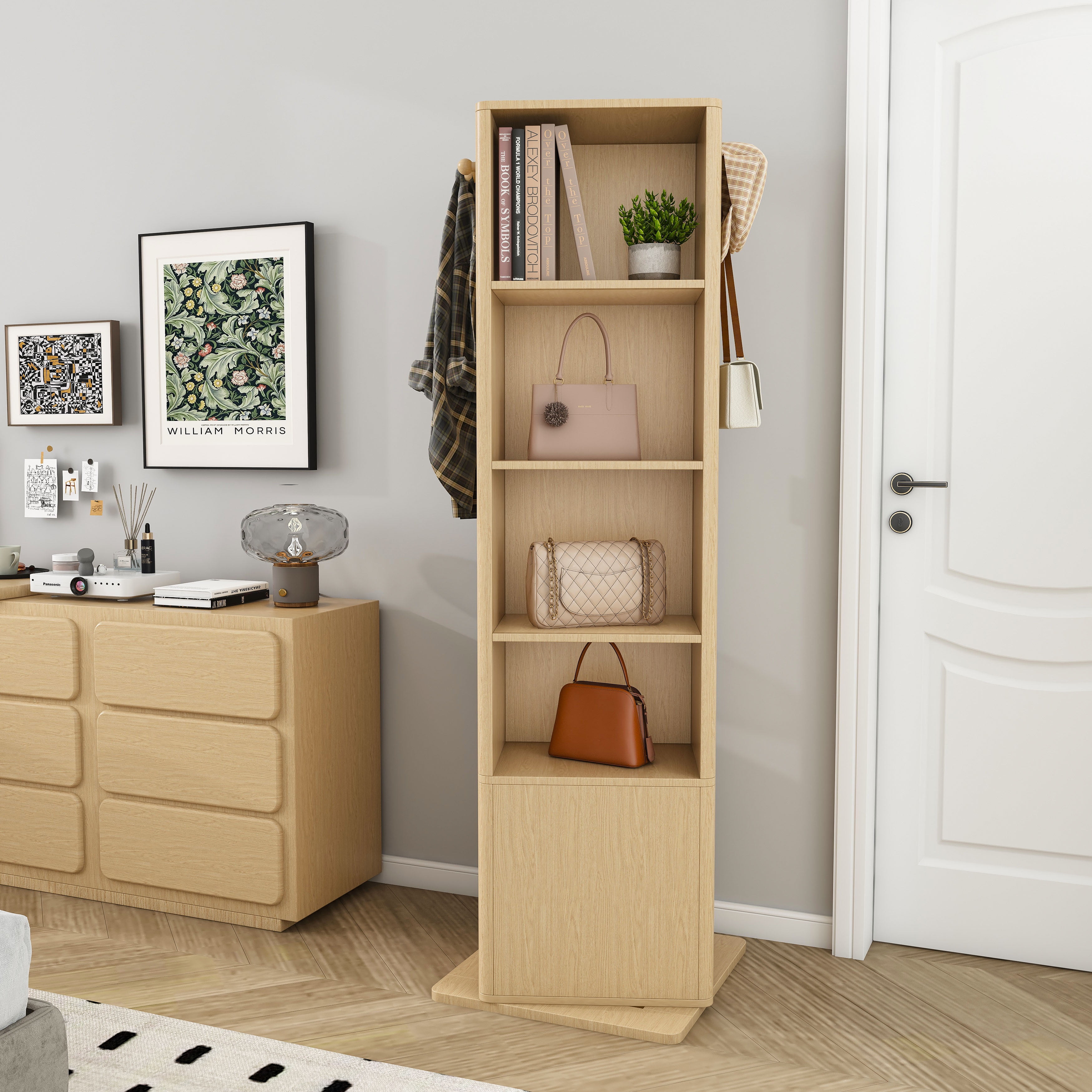 Yoneston 360° Rotating Makeup Cabinet with Full-Length Mirror, 4-in-1 Jewelry Cabinet with 4 Tier Open Shelves & Coat Rack, Standing Storage Cabinet with 2 Doors for Bedroom, Walnut