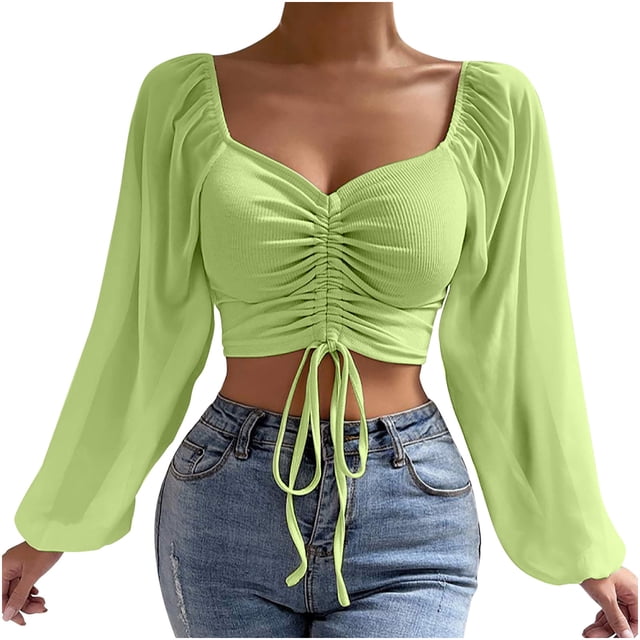 Women's Tops Sale Clearance!Women's Sexy Front Ruched Crop Top Sweetheart Neck Long Puff Sleeve Blouse Tie Drawstring Ruched Ribbed Shirts