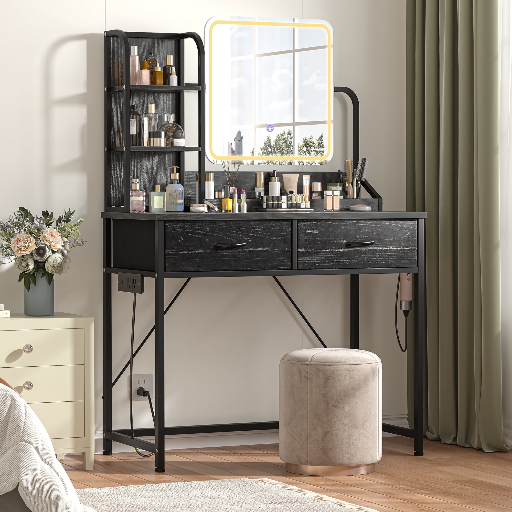 Vanity Desk with Mirror and Lights Makeup Vanity Table with 2 Fabric Drawers & Charge Station & Hair Dryer Rack Dressing Table for Bedroom, Black