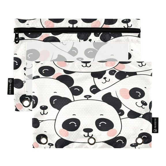 Happy Cute Pandas 2 Pack Pencil Pouch for 3 Ring Binder Smooth Zipper Folders with Pockets Clear Window Pencil Case