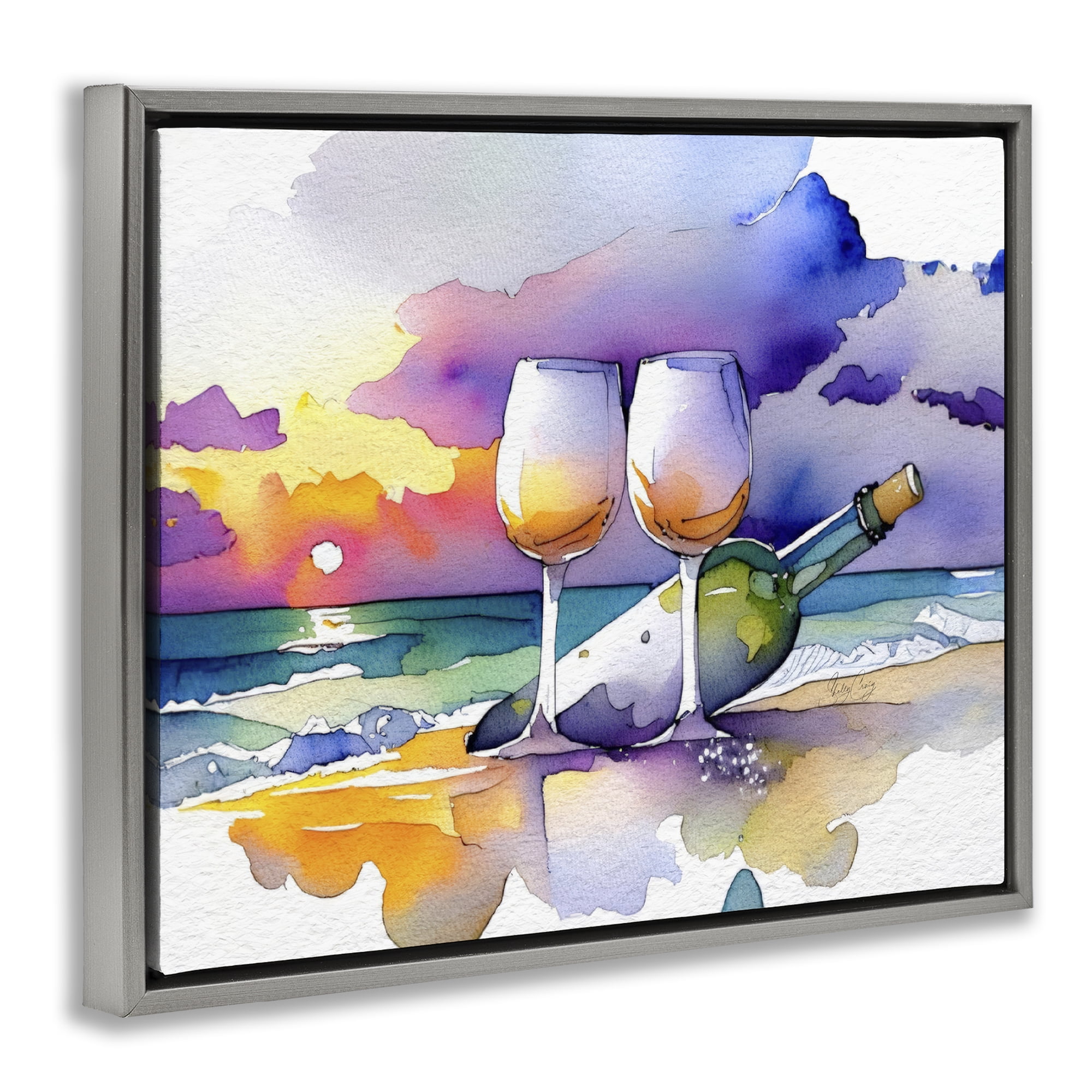 Stupell Industries Coastal Cheers with Wine Gray Framed Floater Canvas Wall Art, design by Shelly Craig