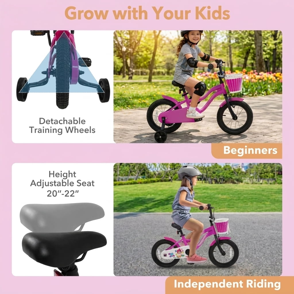 Redsmile Kids Bike 12 Inch with Training Wheels for Toddlers Boys Girls Ages 3-4 Years Old, 12 Inch Kids Bicycle with Adjustable Seat and Coaster Brake, Beginner Kids Bike, Multicolor