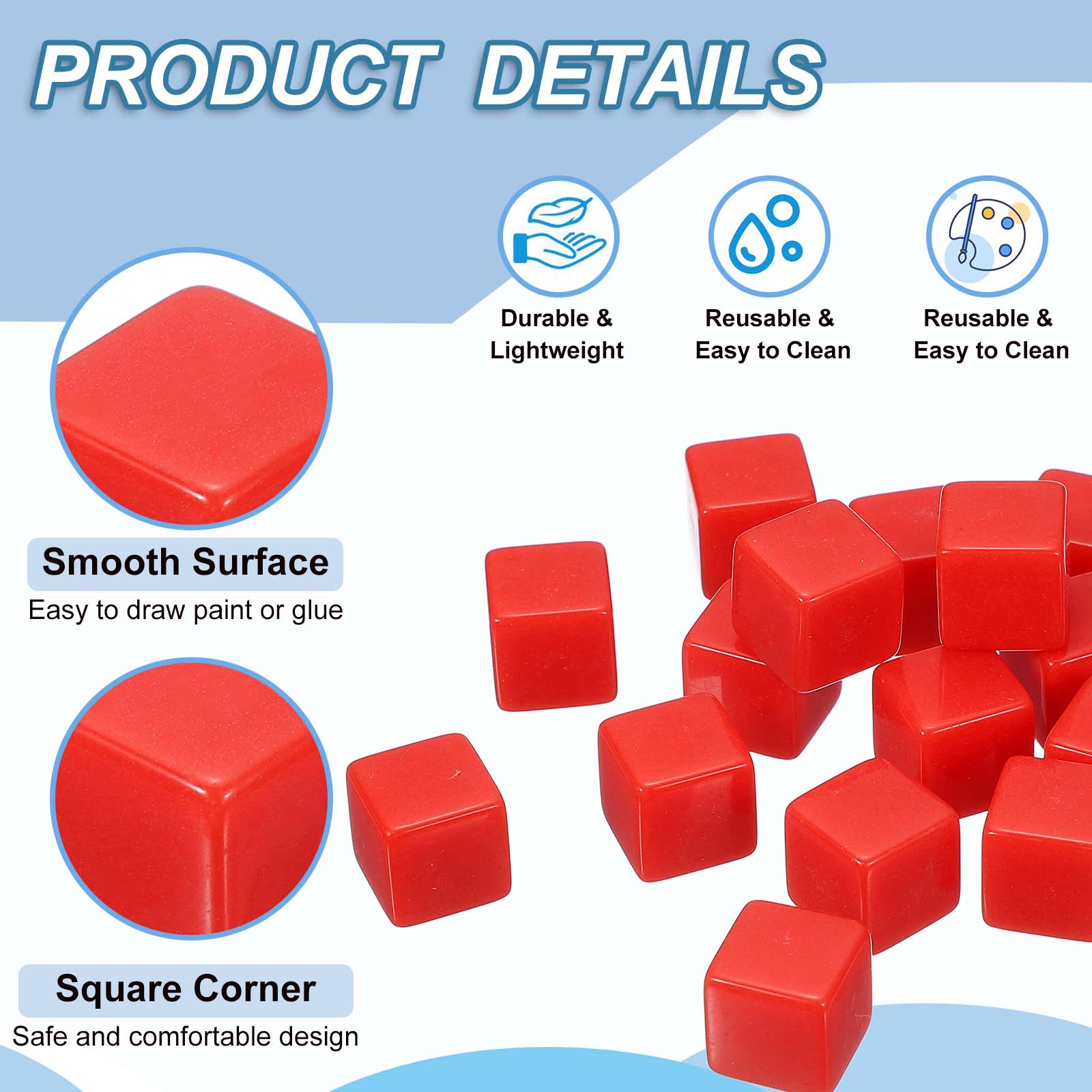 16 mm Acrylic Dice Blank, 100 Pcs Square Corner Blank Dice with Smoothed Surface Six Sided for Board, Red