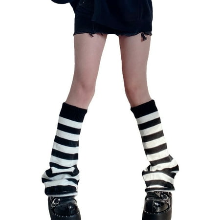 

Women Girls Dark Goth Ribbed Knit Leg Warmers Harajuku Contrast Color Striped Wide Leg Flare Foot Cover Socks Stockings