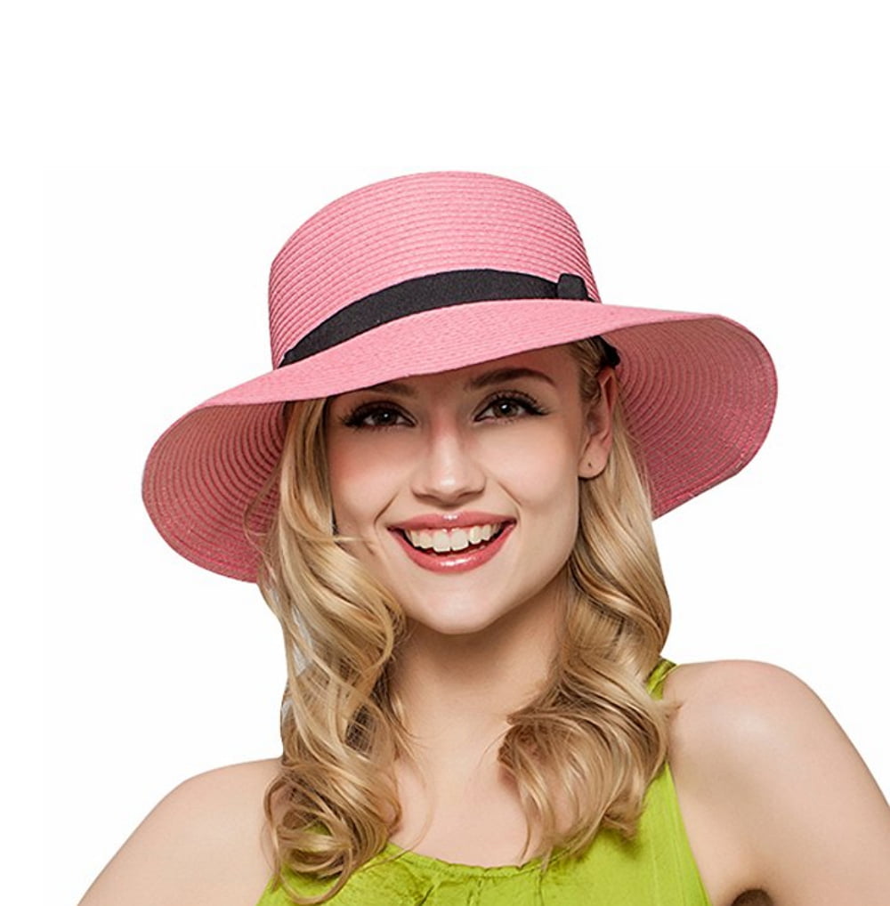 Women Ladies Summer Beach Bowler Straw Boater Sun Hat Round Flat Caps Wide Brim