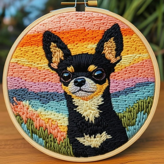 DIY Punch Needle Kits for Beginners Cute Black Chihuahua with Sunset with Hoop Embroidery Punch Needle Starter Craft Set Easy for Adults and Children Festival Gift and Decoration 20x20cm-1