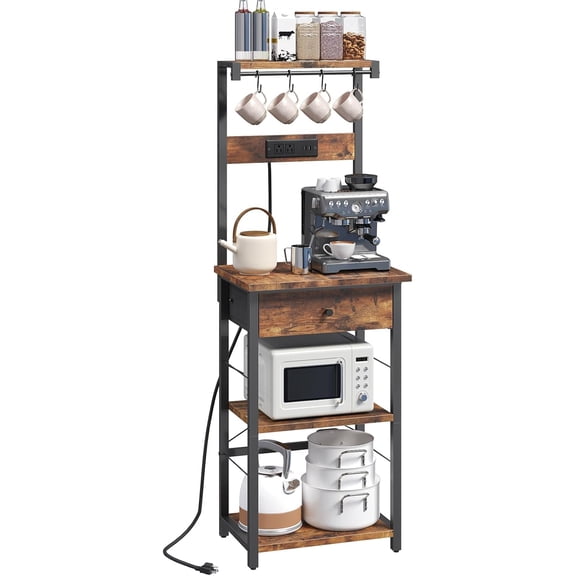 Bakers Rack with Drawer, Microwave Stand with Power Outlet, Coffee Bar Station with 4 Hooks, Kitchen Storage Shelf Rack 4 Tiers, for Kitchen, Dining Room, Rustic Brown and Black BRHR48E01