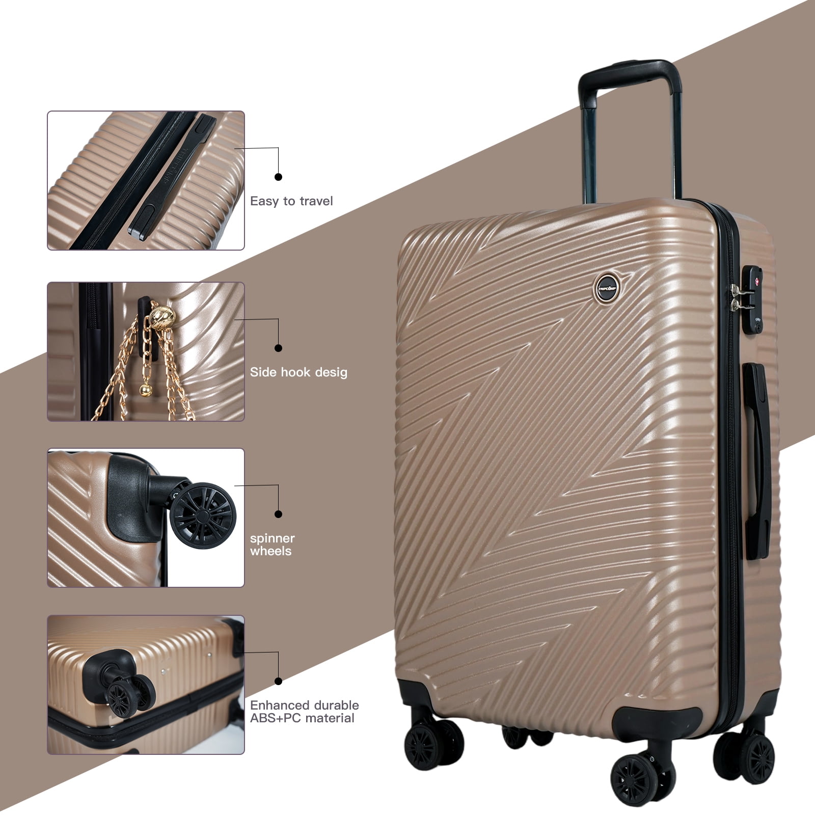Tripcomp Luggage 3 Piece Set,Suitcase with Spinner Wheels Hardside Lightweight Luggage 20in24in28in.(Golden)