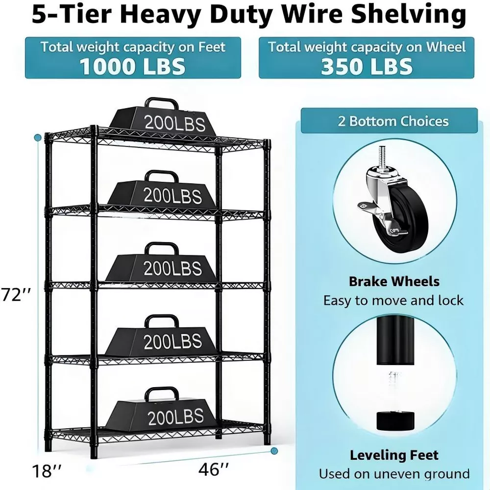 Sailvan 46"W 5-Tier Metal Wire Shelving Unit with Wheels, 1000LBS Heavy Duty Storage Shelves for Garage Kitchen Pantry, 18"Dx46"Wx72"H,Silver