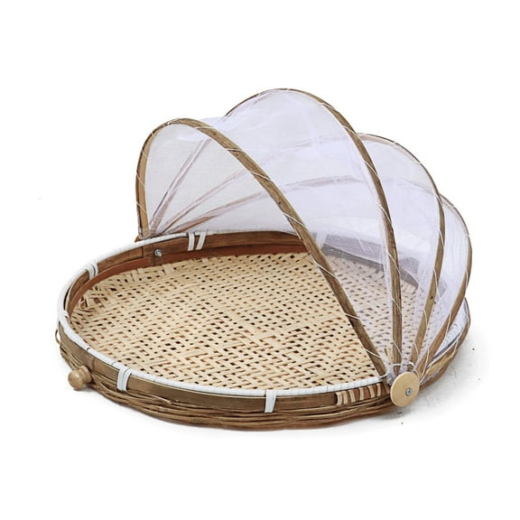 Wooden Food Cover Basket with Mesh Lid – 30CM Picnic Dustpan Serving Tray for Bread, Fruit, Leftovers & Outdoor Camping