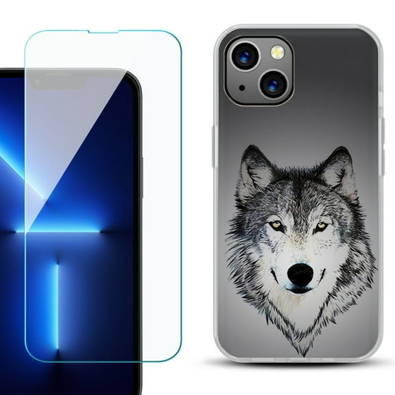 Slim-Fit TPU Phone Case for iPhone 14 Plus, with Tempered Glass Screen Protector, by OneToughShield ® - Wolf Face