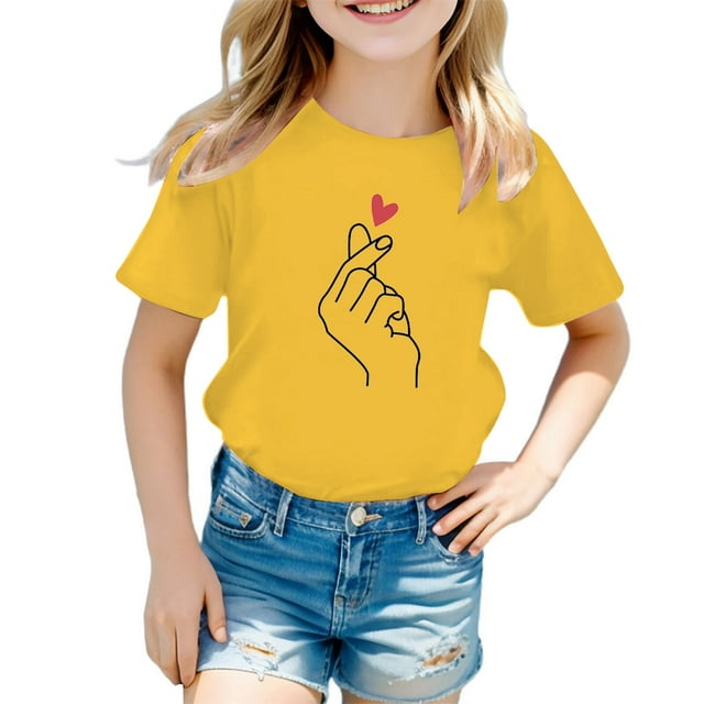 LUOGENLI T-Shirt pour Filles, T-Shirt Graphique Mignon à Col Rond et Manches Courtes, Été Décontracté, Maxi Tops avec Shorts et Fente, Jaune 3-4 Ans