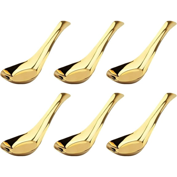 Asian Soup Spoons Stainless Steel: 5.5 Inch Ramen Spoons,Chinese Soup Spoons Short Shank Thickened,Dinner Spoons Suitable For Dumpling Wonton Miso and Pho,Tea Spoons Set of 6,6Pcs (Gold)
