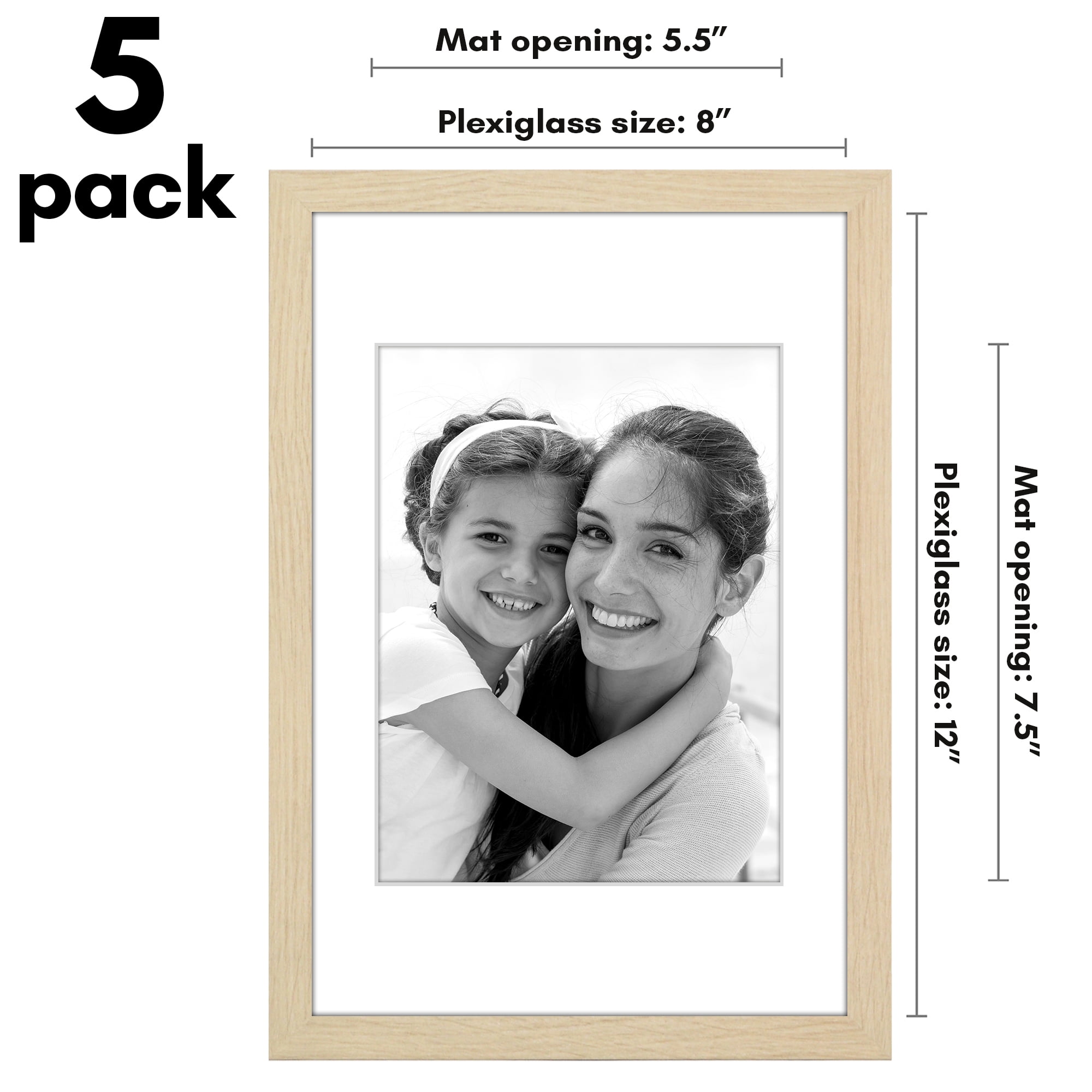 Americanflat 8x12 Picture Frame with Polished Plexiglass with 6x8 Mat 5 Pack Display Photo Wall - Natural Oak