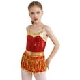 thumbnail image 3 of YiZYiF Kids Girls Sequin Fringe Boyleg Jumpsuit Adjustable Straps Shiny Metallic Latin Dance Cha-cha Dance Leotard Red 14, 3 of 7