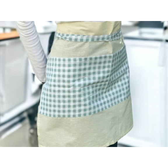 Bazaar Bliss Linen Gingham Green Beige Half Apron with Adjustable Waistband