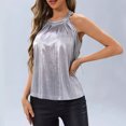 thumbnail image 6 of GA WEIHUA Women's Pleated Halter Summer Sleeveless Tank Tops Satin Blouse Keyhole Back Cami Shirts Casual Dress Loose Fit Halterneck Clothes(Silver,L), 6 of 7