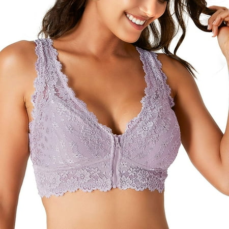 

MOLUTAN Floral Lace Bra for Women Zipper Wireless Bralette Lingerie with Removable Padded Halter Crop Top
