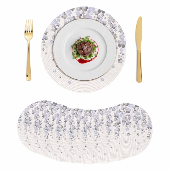 Light Purple Cherry Round 15 Inch Placemats Set of 8, Spring Floral Gray Flowers Blossom Beige HeatResistant Non Slip Place Mats for Dining Table, Wipeable Braided Kitchen Table Mats for Housewarming