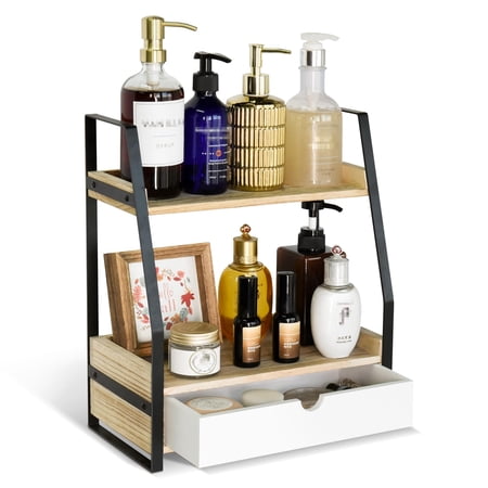 Bathroom Counter Organizer with Drawer Countertop Makeup Organizer Vanity Wood Tray Perfume Skincare Organizer 2-Tier Multi-Purpose Shelf Kitchen Bathroom Organizers and Storage(White) VT1