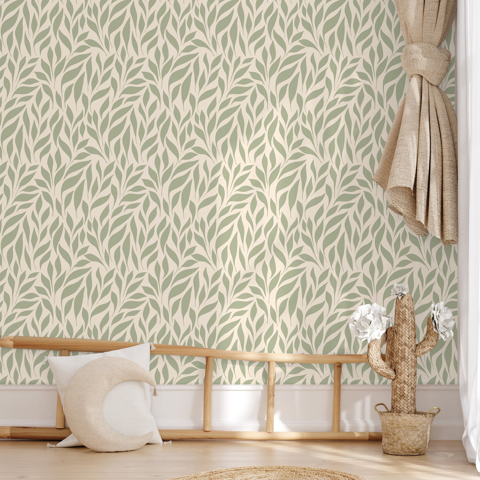 SimurgWallArts - Botanical Peel and Stick Vinyl Nursery Wallpaper – Soft Green Leaf Wall Mural, 19 x 118 in Roll, Covers 15.57 Sq.Ft.