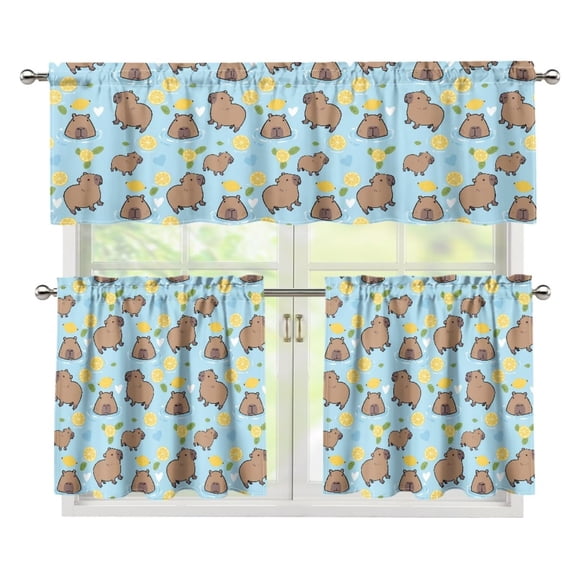Yuyamidu Capybara Print Kitchen Curtain Valance and Tiers 3 Panel Set Cute Blackout Curtains for Bedroom Easy to Install Contemporary Trendy Valances Home Decor