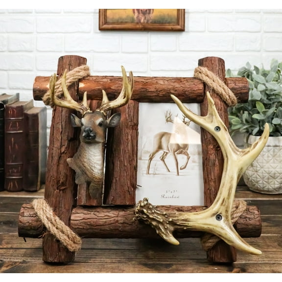 Rustic Buckhorn Stag Deer Trophy Bust And Antlers With Wooden Logs Picture Frame