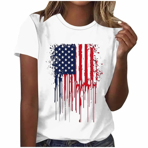 MEICHEN 4th of July Tshirts for Women Short Sleeve American Flag Print Shirts Crewneck USA Flag Patriotic Casual Tops