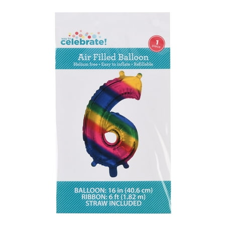 WAY TO CELEBRATE! Rainbow Foil Number 6 Shaped 16" Multi-color Rainbow Birthday Balloon