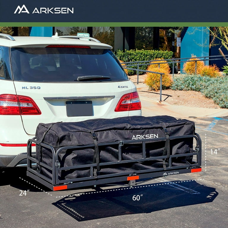 Arksen 60 inch Foldable Car Rear Luggage Basket Hitch-Mounted Cargo Carrier Rack w/ Cargo Bag Trailer Hitch Fit 2 inch Receiver, Size: Foldable Basket