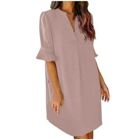 Blphud Women Spring Dress Summer Dresses for Women 2024 Plus Size Summer Dresses for Women Women s Dress V Neck Short Sleeved Solid Casual Summer Wear Women Dress Pink XL