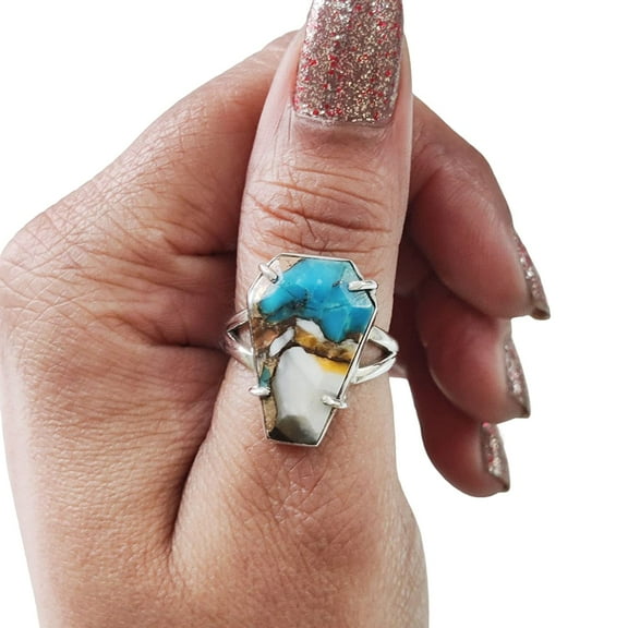 Oyster Copper Turquoise Ring, Natural Turquoise Ring, December Birthstone, Womens Ring, Coffin Ring, 925 Sterling Silver, Christmas, Handmade, Statement Jewelry, Coffin Shape Gemstone Ring