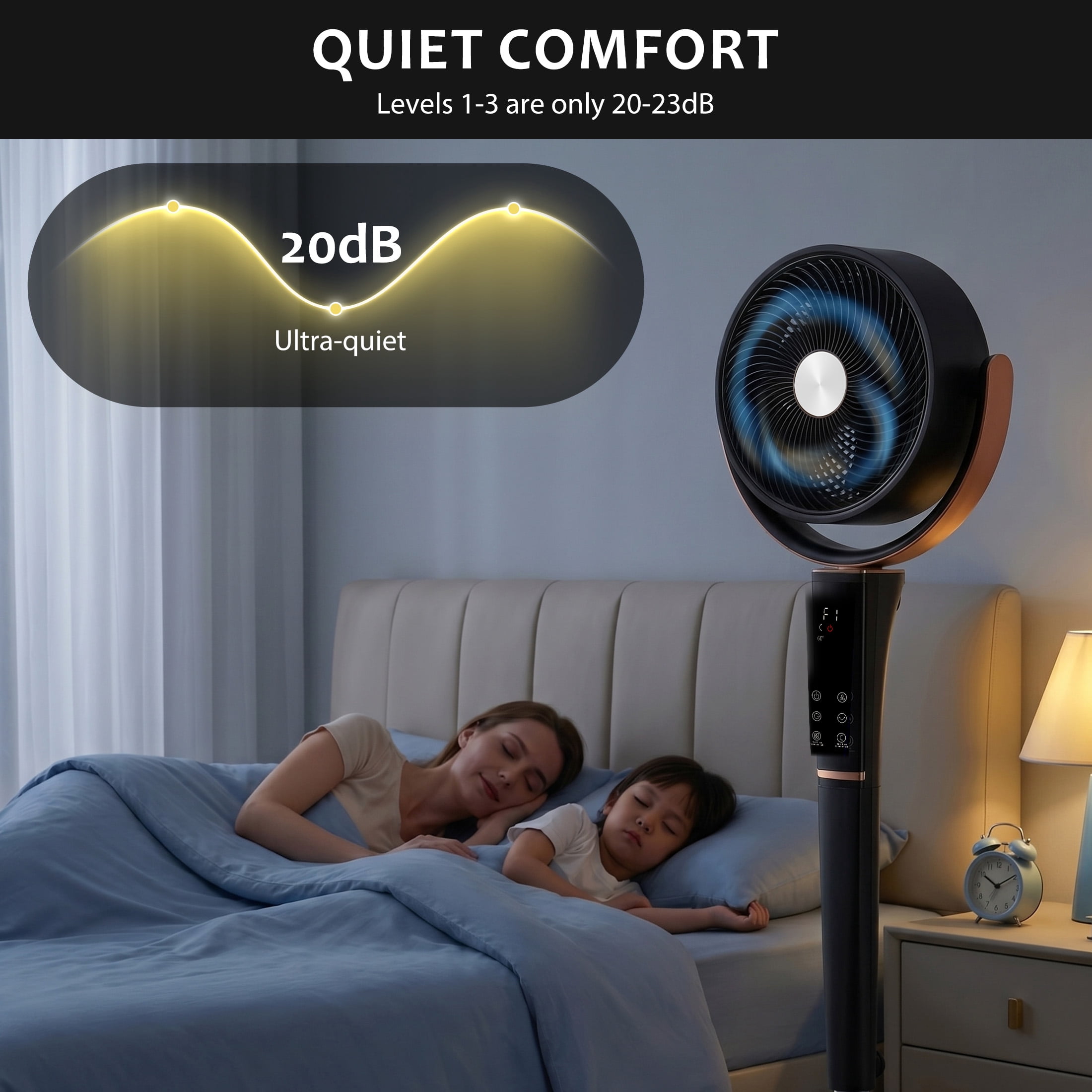 EDX Bedroom Pedestal Fan, Quiet 20dB DC Air Circulator, 15 Speeds 5 Modes, 120° Oscillation, 12H Timer, 1050CFM Airflow, 37-45" Adjustable Height, LED Light, Standing Fan with Remote, Black