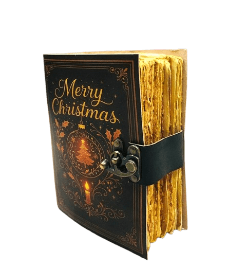 Merry Christmas Handmade Leather Journal – 5x7 inch – 200 Deckle Pages – Vintage Holiday Gift