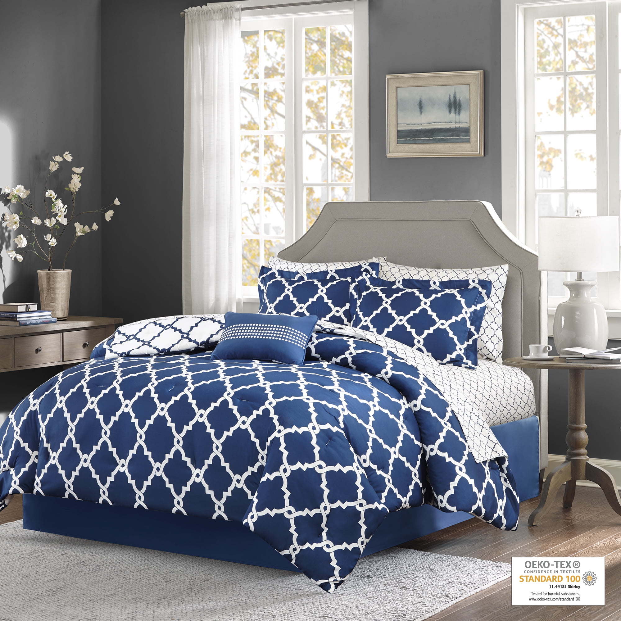 Pleat/Ruffle Detail 9 Piece Comforter Set Cotton Light Blue California King 