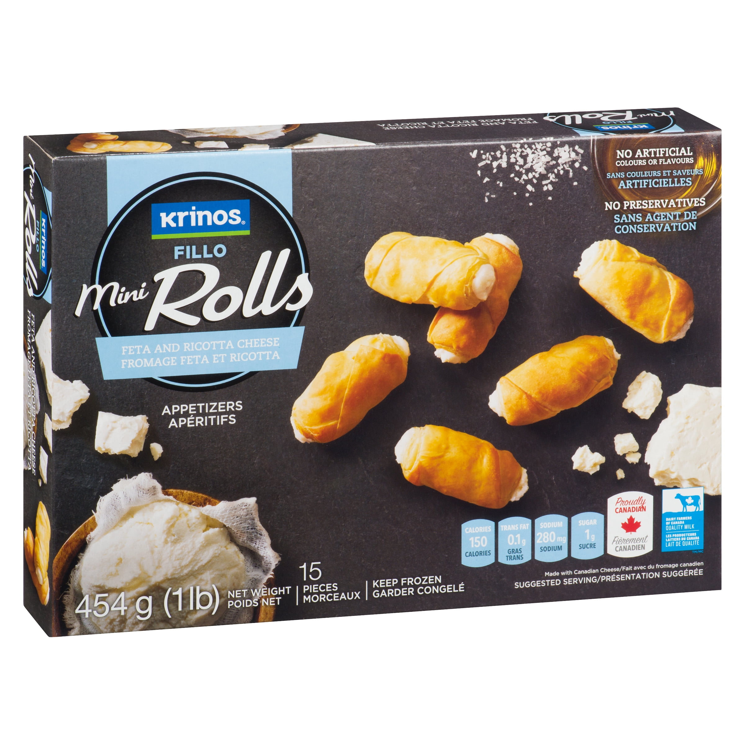 Fillo mini rolls - Fromage feta et ricotta, cuisiner surgele, Fabriqué au Canada