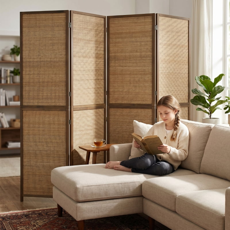 Alvantor 4-Panel Folding Privacy Screen, Freestanding Bamboo Room Divider with Open-Weave Design 63"x70.9" Brown