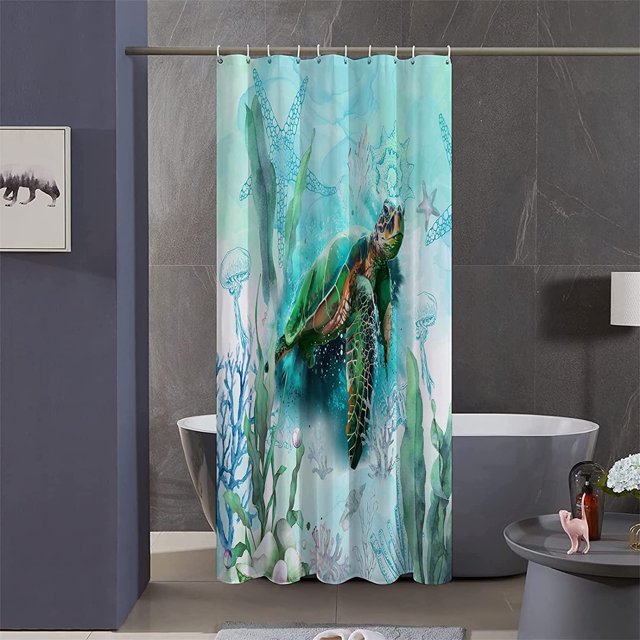 Cortina de ducha para cabina de ducha, juego de cortinas de ducha para baño de caravana de 91 x 183 cm con ganchos, cortina de baño de tortuga azul, tela impermeable