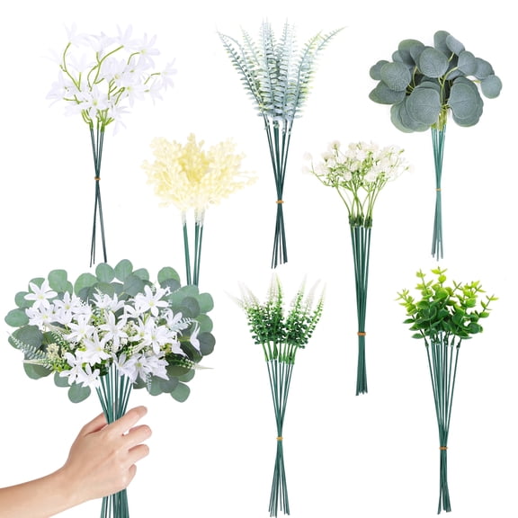 60 Pcs 7 Kinds Mixed Artificial Eucalyptus Leaves Stems Bulk,Fake Silver Dollar Eucalyptus Stems for DIY Bouquets Floral Arrangement Wedding Home Decor.