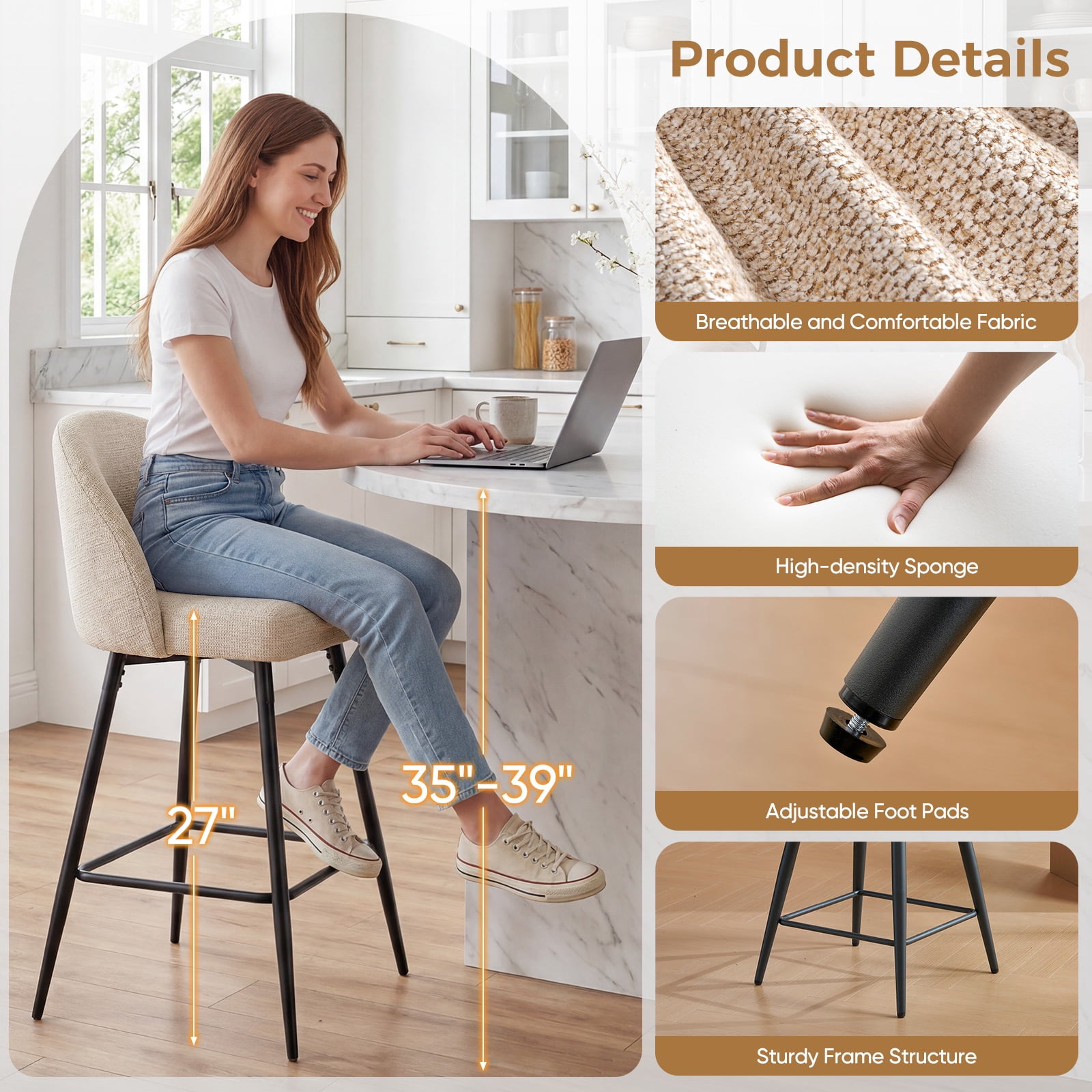 JULY'S SONG Counter Height Bar Stools with Back Sets of 2, 360°Swivel Upholstered Barstools with Metal Legs, 27" Seat Height Bar Stool for Kitchen Island, Light Flax