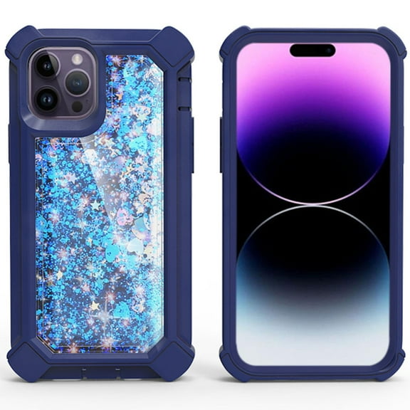 Military Grade Quicksand Glitter Waterfall Hybrid Case for iPhone 14 Pro - Blue
